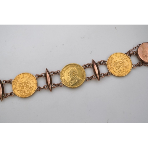 242 - A late 19th century gold coin bracelet, with torpedo links and set with five South African gold half... 