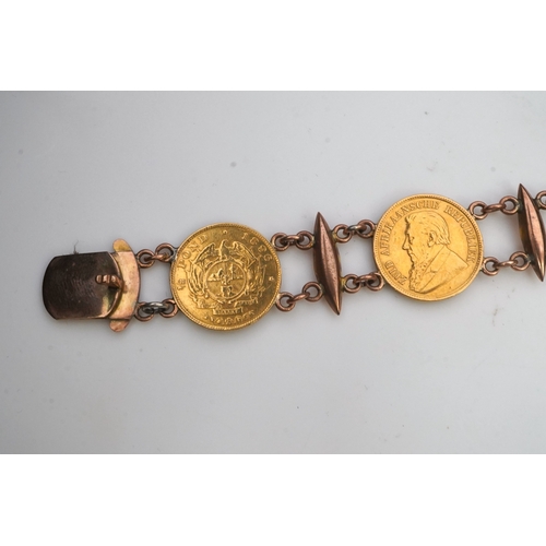 242 - A late 19th century gold coin bracelet, with torpedo links and set with five South African gold half... 