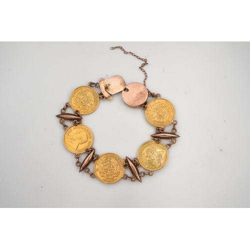 242 - A late 19th century gold coin bracelet, with torpedo links and set with five South African gold half... 