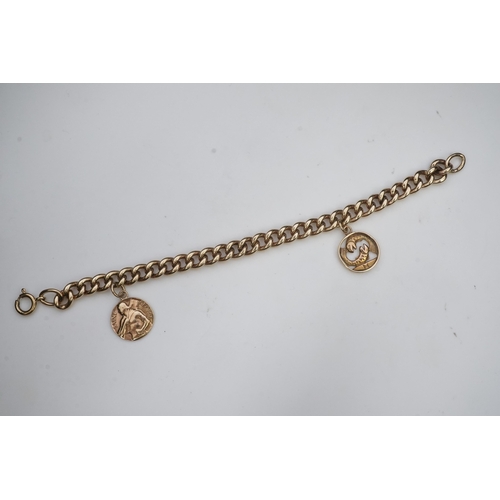 244 - A 9ct gold charm bracelet, circa 1997, the bracelet of curb linking, suspending a Pisces zodiac char... 