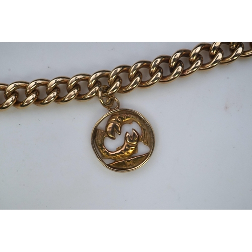 244 - A 9ct gold charm bracelet, circa 1997, the bracelet of curb linking, suspending a Pisces zodiac char... 