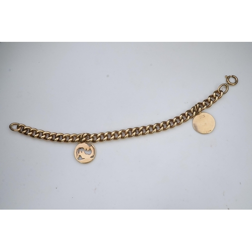 244 - A 9ct gold charm bracelet, circa 1997, the bracelet of curb linking, suspending a Pisces zodiac char... 