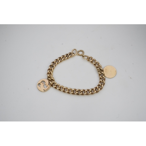 244 - A 9ct gold charm bracelet, circa 1997, the bracelet of curb linking, suspending a Pisces zodiac char... 