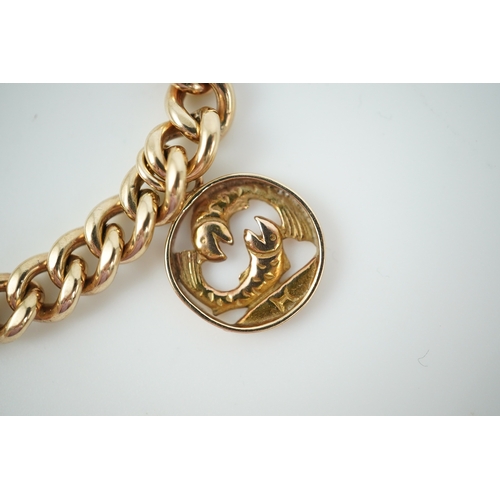 244 - A 9ct gold charm bracelet, circa 1997, the bracelet of curb linking, suspending a Pisces zodiac char... 