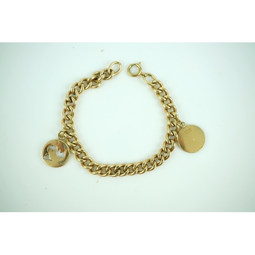 244 - A 9ct gold charm bracelet, circa 1997, the bracelet of curb linking, suspending a Pisces zodiac char... 