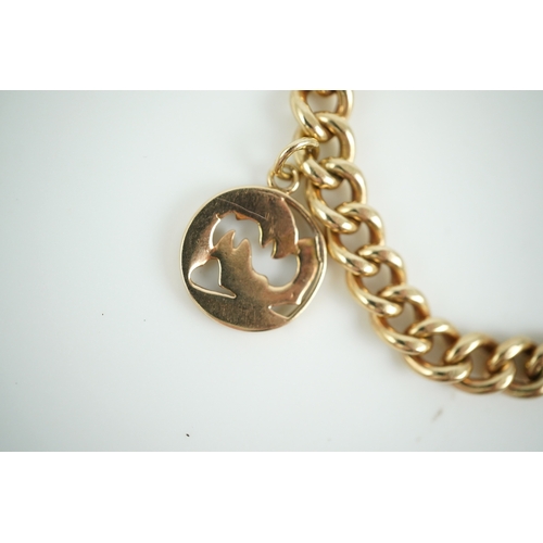 244 - A 9ct gold charm bracelet, circa 1997, the bracelet of curb linking, suspending a Pisces zodiac char... 