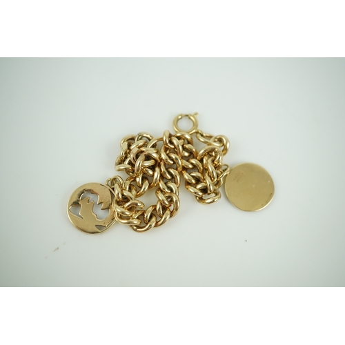 244 - A 9ct gold charm bracelet, circa 1997, the bracelet of curb linking, suspending a Pisces zodiac char... 