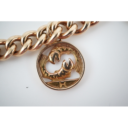 244 - A 9ct gold charm bracelet, circa 1997, the bracelet of curb linking, suspending a Pisces zodiac char... 