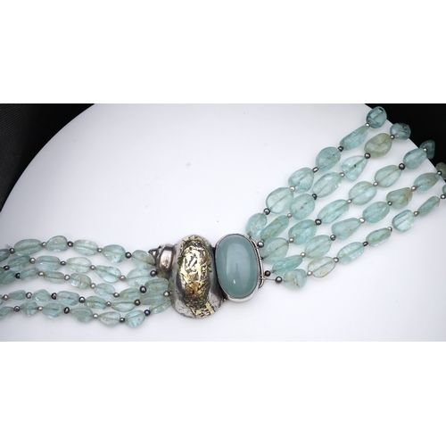 254 - Eileen Coyne, an aquamarine and cultured pearl necklace, circa 2011, composed of five strands of aqu... 