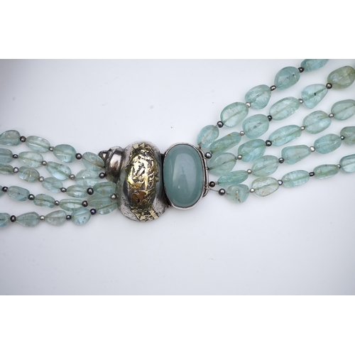 254 - Eileen Coyne, an aquamarine and cultured pearl necklace, circa 2011, composed of five strands of aqu... 