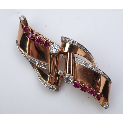 255 - A Retro gold, synthetic ruby and diamond double clip brooch, circa 1940 each designed as a stylised ... 