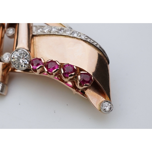 255 - A Retro gold, synthetic ruby and diamond double clip brooch, circa 1940 each designed as a stylised ... 