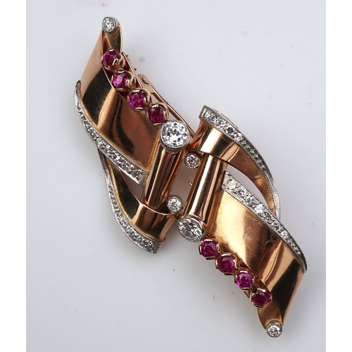 255 - A Retro gold, synthetic ruby and diamond double clip brooch, circa 1940 each designed as a stylised ... 