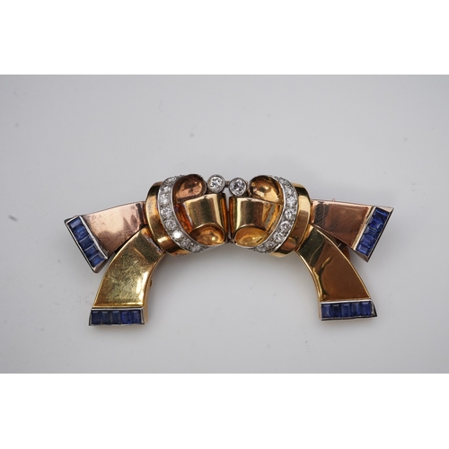 256 - A Retro gold, sapphire and diamond double clip brooch, circa 1940 each clip designed as a stylised r... 