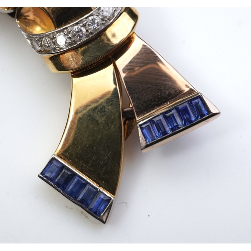 256 - A Retro gold, sapphire and diamond double clip brooch, circa 1940 each clip designed as a stylised r... 