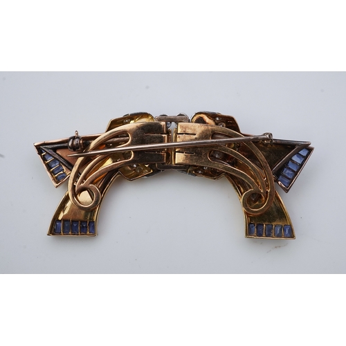 256 - A Retro gold, sapphire and diamond double clip brooch, circa 1940 each clip designed as a stylised r... 