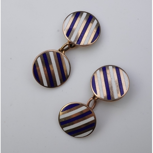 257 - A pair of gold and enamel cufflinks each end of circular outline, applied with alternating stripes o... 