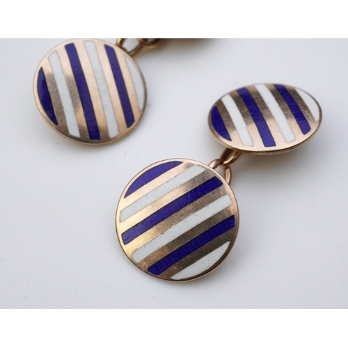 257 - A pair of gold and enamel cufflinks each end of circular outline, applied with alternating stripes o... 