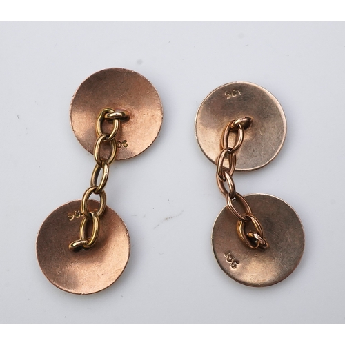 257 - A pair of gold and enamel cufflinks each end of circular outline, applied with alternating stripes o... 