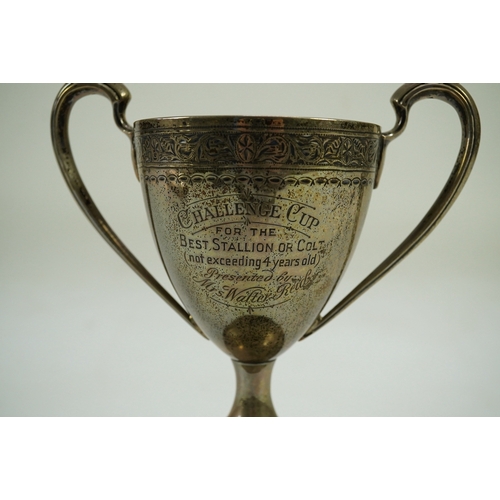 26 - A George III? Irish silver two handled presentation trophy cup, with later engraved horse racing ins... 