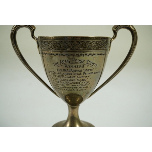 26 - A George III? Irish silver two handled presentation trophy cup, with later engraved horse racing ins... 