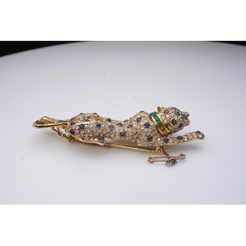 267 - A sapphire, emerald and diamond brooch, designed as a stalking leopard, set with brilliant-cut diamo... 