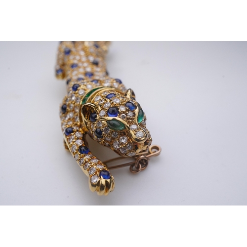 267 - A sapphire, emerald and diamond brooch, designed as a stalking leopard, set with brilliant-cut diamo... 