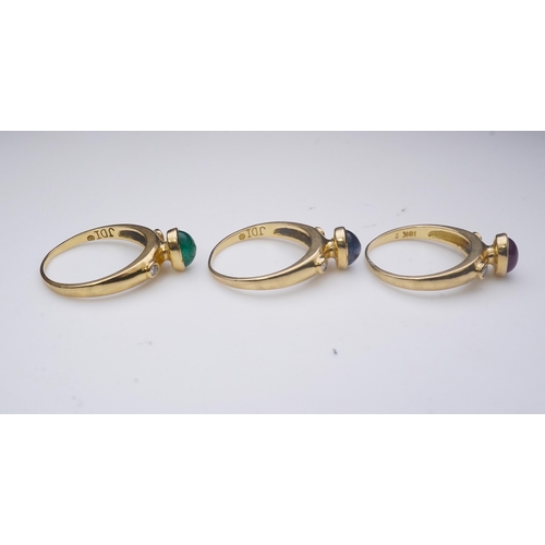 268 - A suite of three gold and gem-set rings, the three rings each set with a cabochon emerald, sapphire ... 