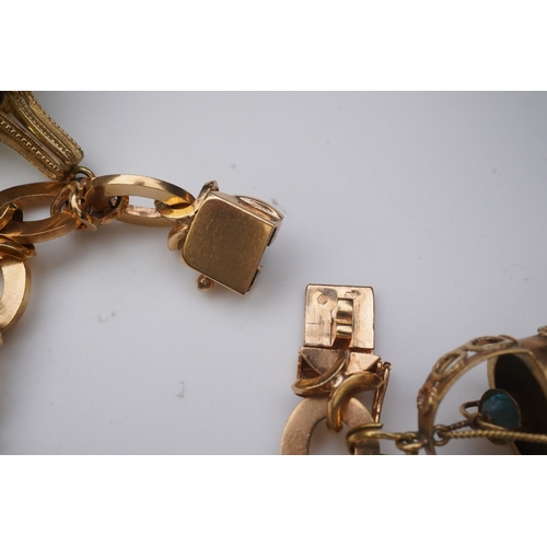 277 - A gold charm bracelet the gold bracelet composed of oval and X-shaped links, suspending a series of ... 