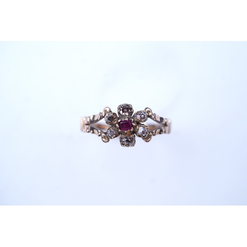 298 - A Georgian ruby and diamond ring, early 19th century, of cluster design, set with cushion-shaped rub... 