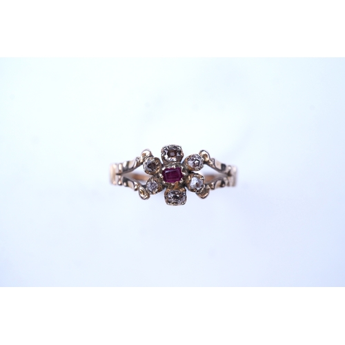 298 - A Georgian ruby and diamond ring, early 19th century, of cluster design, set with cushion-shaped rub... 