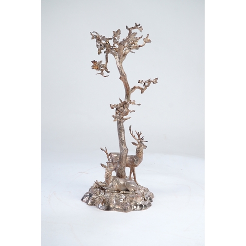 32 - A mid Victorian silver plated centrepiece, by Elkington & Co, modelled as two stags beneath a tree o... 