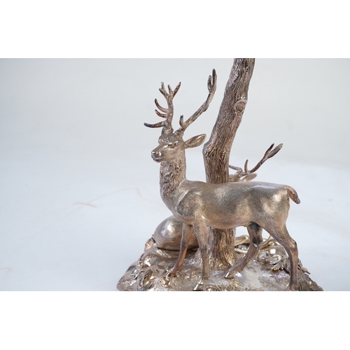 32 - A mid Victorian silver plated centrepiece, by Elkington & Co, modelled as two stags beneath a tree o... 