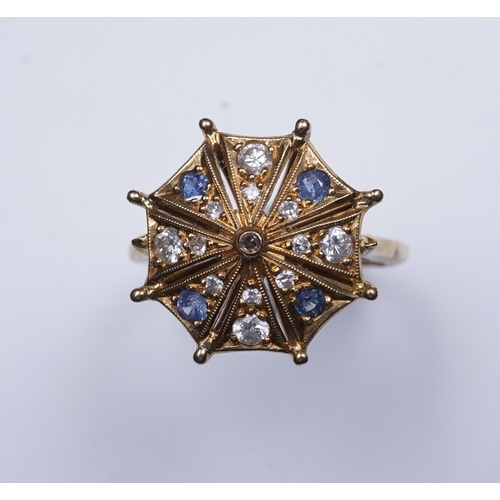 323 - A sapphire and diamond ring, modelled as an open parasol, set with circular-cut sapphires and brilli... 