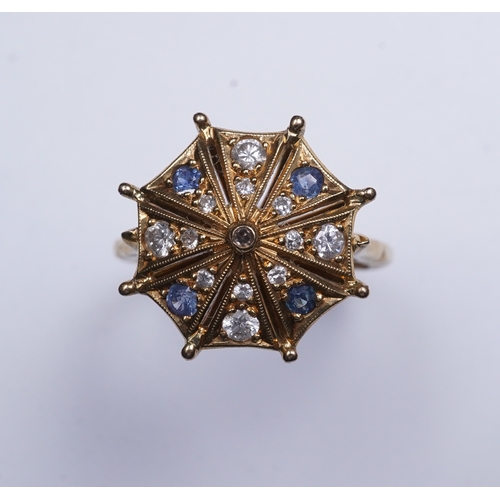 323 - A sapphire and diamond ring, modelled as an open parasol, set with circular-cut sapphires and brilli... 