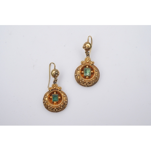 327 - A pair of Victorian emerald and gold earrings, third quarter 19th century, each of pendent design, s... 