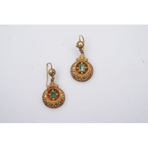 327 - A pair of Victorian emerald and gold earrings, third quarter 19th century, each of pendent design, s... 