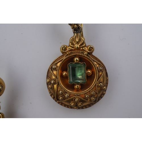 327 - A pair of Victorian emerald and gold earrings, third quarter 19th century, each of pendent design, s... 