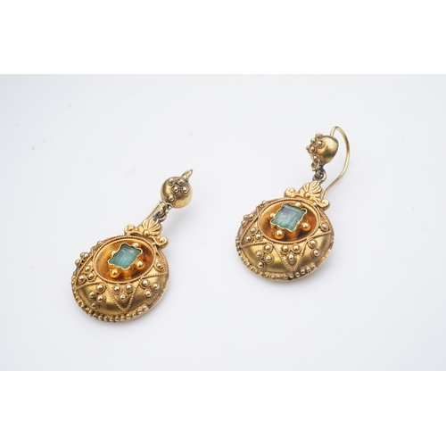 327 - A pair of Victorian emerald and gold earrings, third quarter 19th century, each of pendent design, s... 