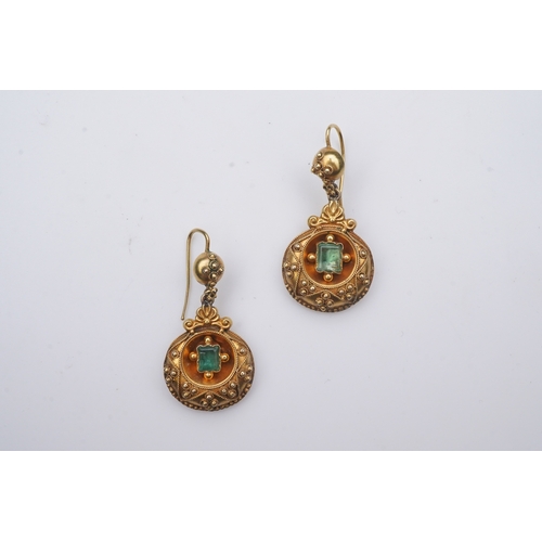 327 - A pair of Victorian emerald and gold earrings, third quarter 19th century, each of pendent design, s... 