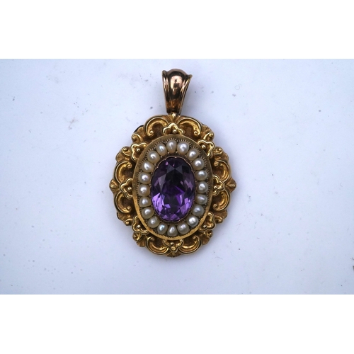 331 - An early Victorian sentimental amethyst and half pearl pendant, circa 1843, set with an oval amethys... 