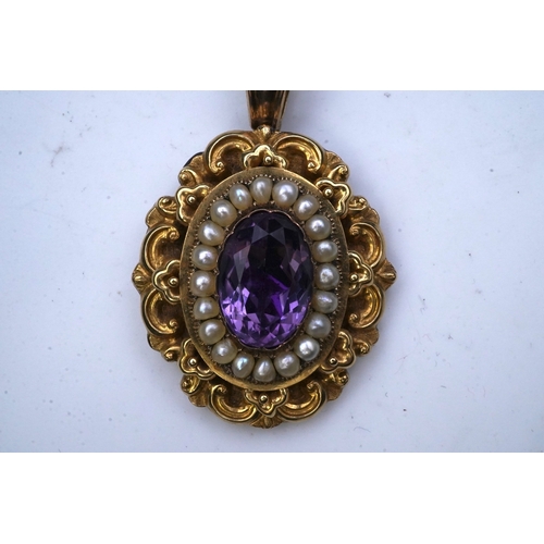 331 - An early Victorian sentimental amethyst and half pearl pendant, circa 1843, set with an oval amethys... 