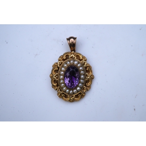 331 - An early Victorian sentimental amethyst and half pearl pendant, circa 1843, set with an oval amethys... 