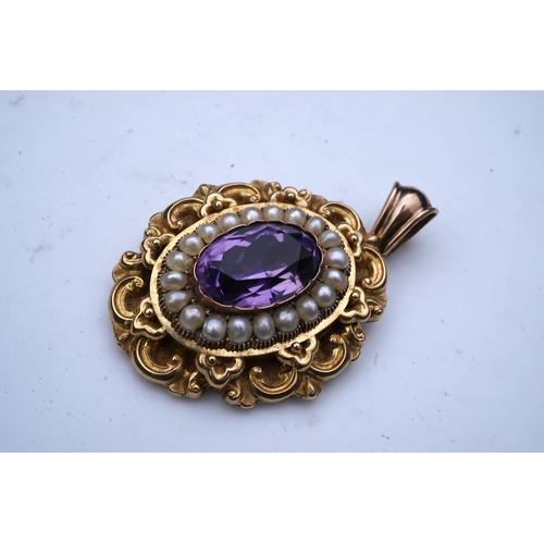 331 - An early Victorian sentimental amethyst and half pearl pendant, circa 1843, set with an oval amethys... 