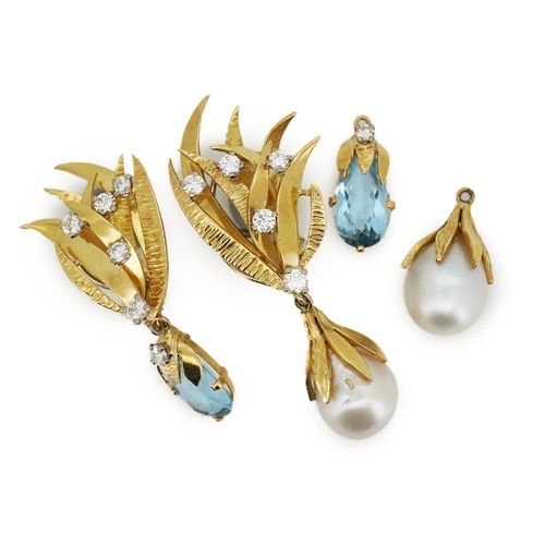 344 - A pair of aquamarine, cultured pearl and diamond ear clips, third quarter 20th century, composed of ... 