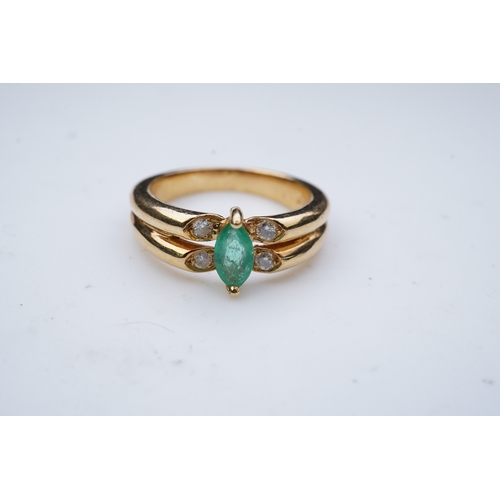 353 - An emerald and diamond ring, set with a marquise-shaped emerald, to a double band set with brilliant... 