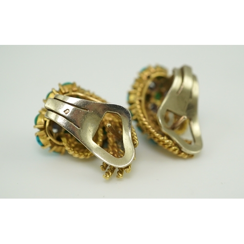 357 - A pair of turquoise and sapphire ear clips, 1960s each composed of curled rope twists of gold, set w... 