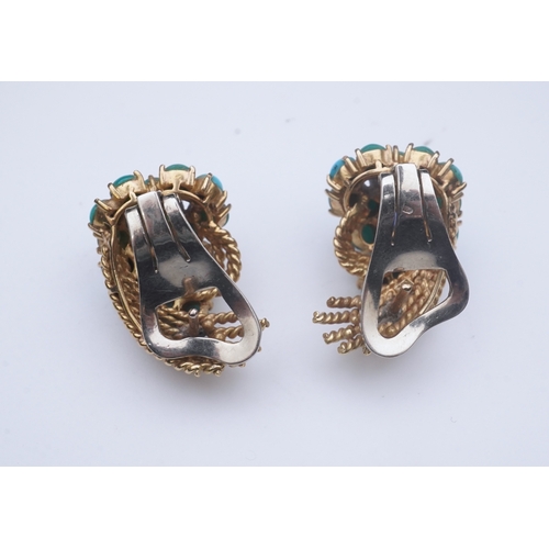 357 - A pair of turquoise and sapphire ear clips, 1960s each composed of curled rope twists of gold, set w... 