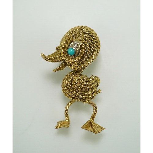 358 - An 18ct gold, turquoise and diamond novelty brooch, circa 1961 designed as a stylised duckling in 18... 