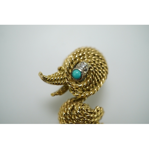 358 - An 18ct gold, turquoise and diamond novelty brooch, circa 1961 designed as a stylised duckling in 18... 